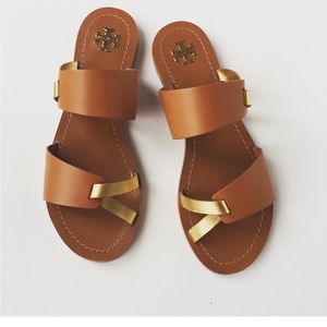 Tory Burch RaVello Two-Banded Sandal, Tan & Gold, Size 9.5